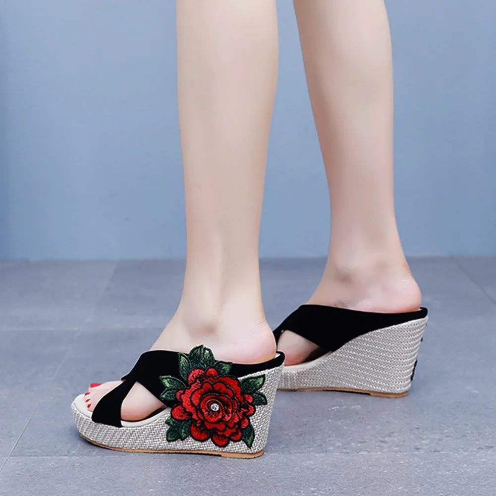 Wedge Heel Platform Embroidery Bohemian Beach Fish Mouth Sandals Women Shoes