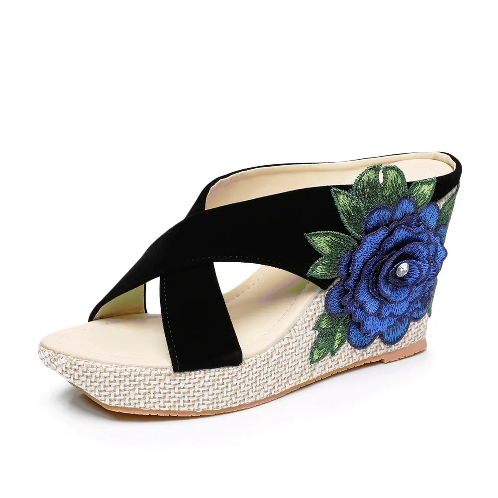 Wedge Heel Platform Embroidery Bohemian Beach Fish Mouth Sandals Women Shoes