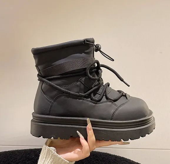 Women Leather Round Head Platform Casual Boots