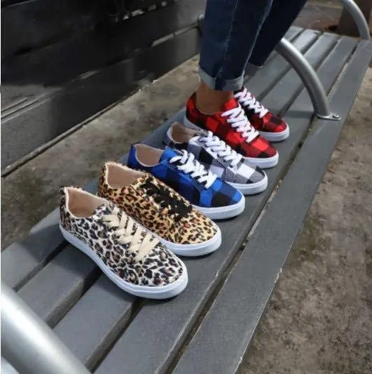 Women plaid leopard canvas flat lace up slip on sneakers