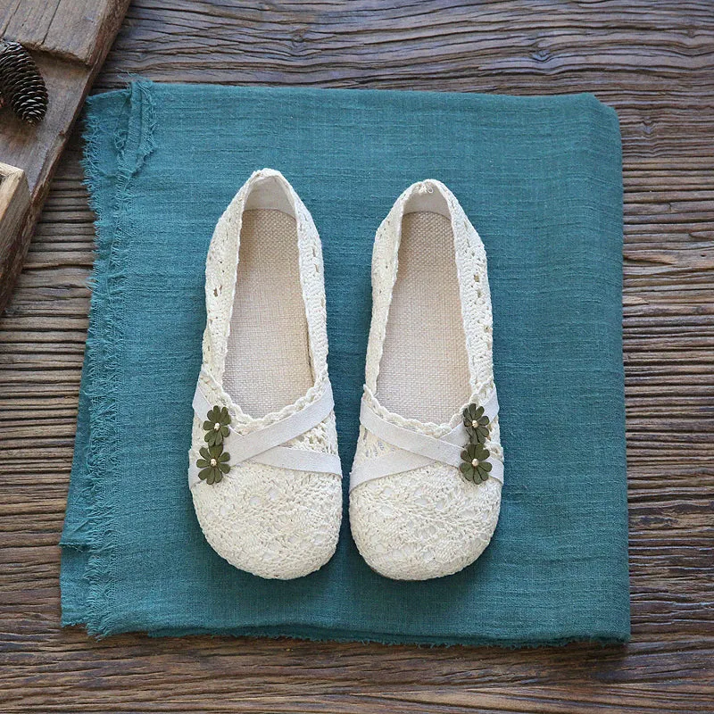 Women Retro Flower Hollow Cotton Linen Flats