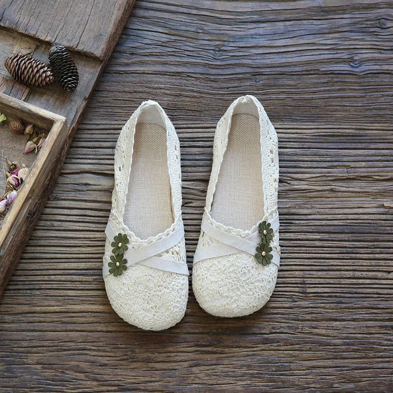 Women Retro Flower Hollow Cotton Linen Flats