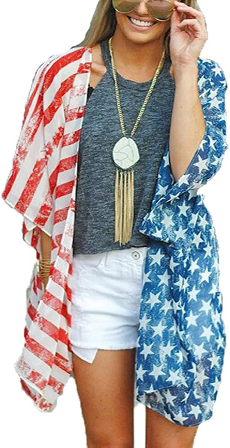 Women's American Flag Print Kimono Cover Up Tops Shirt