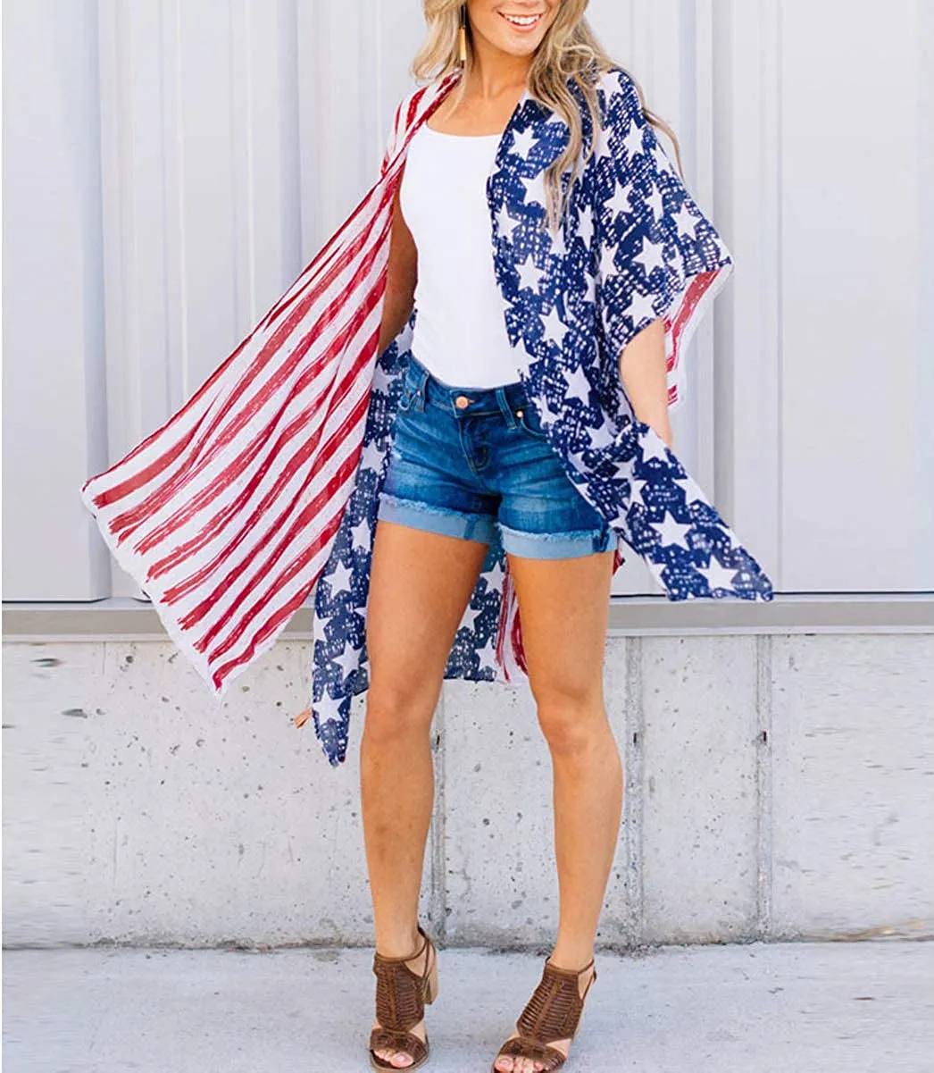 Women's American Flag Print Kimono Cover Up Tops Shirt