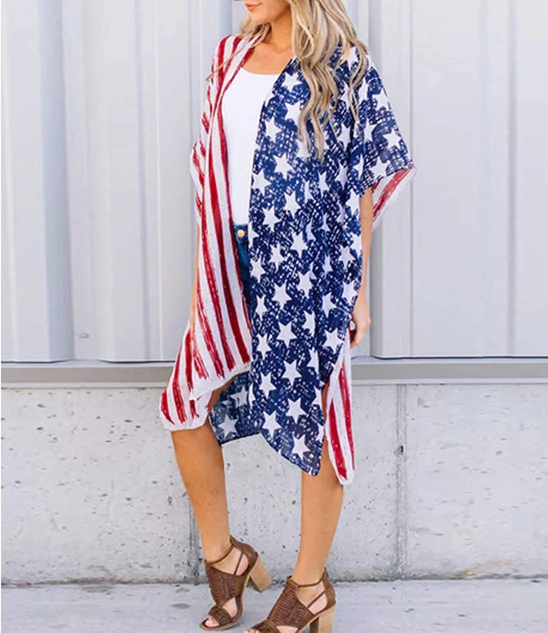 Women's American Flag Print Kimono Cover Up Tops Shirt