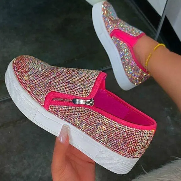 Women's cute glitter slip on platform sneakers zipper comfort walking shoes