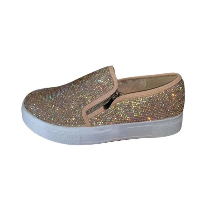 Women's cute glitter slip on platform sneakers zipper comfort walking shoes