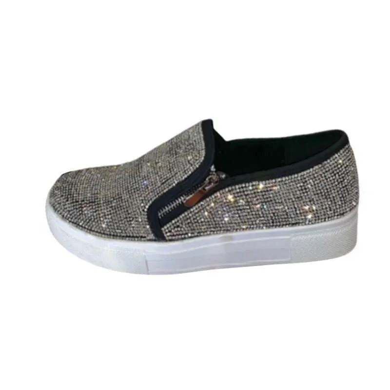 Women's cute glitter slip on platform sneakers zipper comfort walking shoes