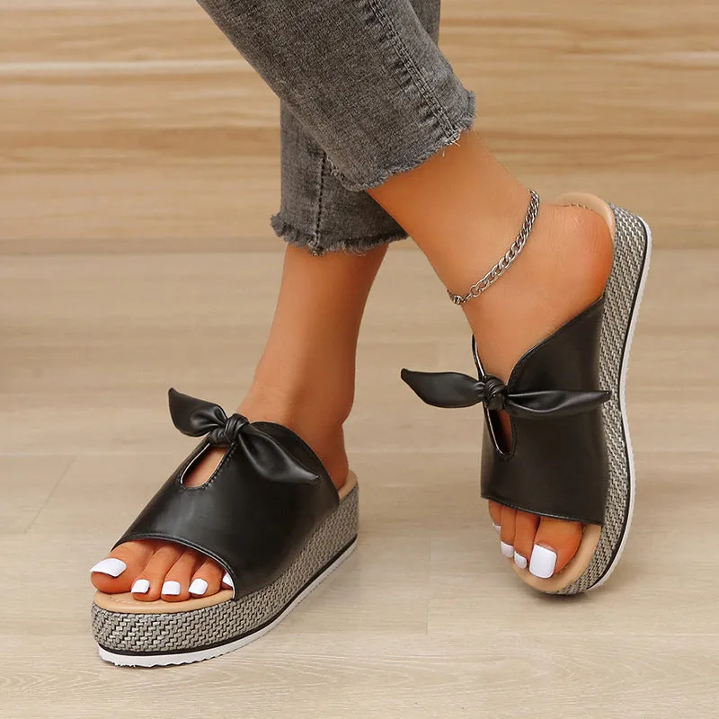 Womens Faux Leather Bow Platform Open Toe Wedge Sandals