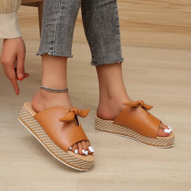 Womens Faux Leather Bow Platform Open Toe Wedge Sandals