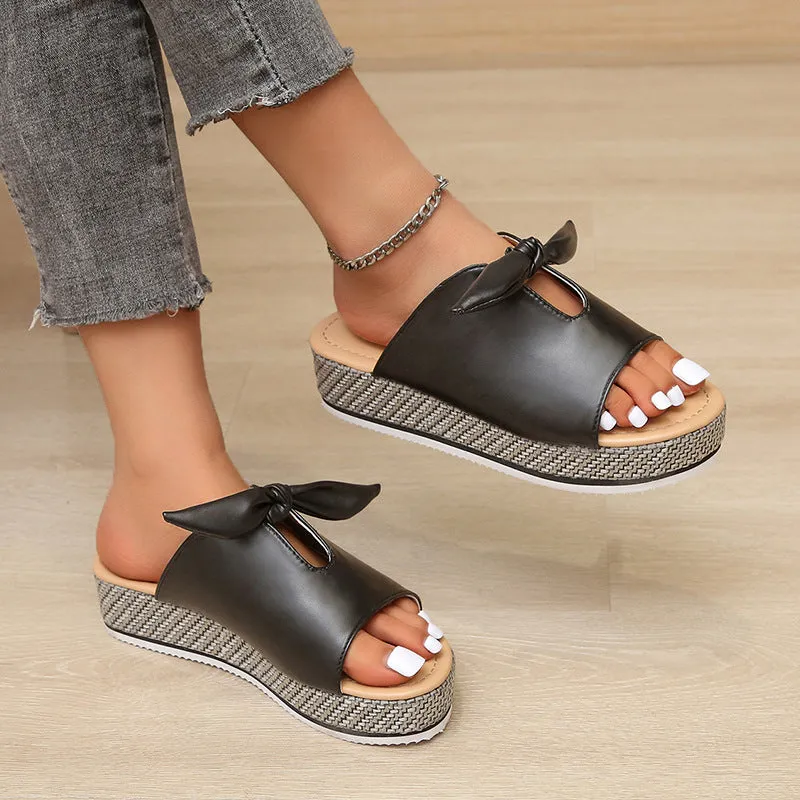 Womens Faux Leather Bow Platform Open Toe Wedge Sandals