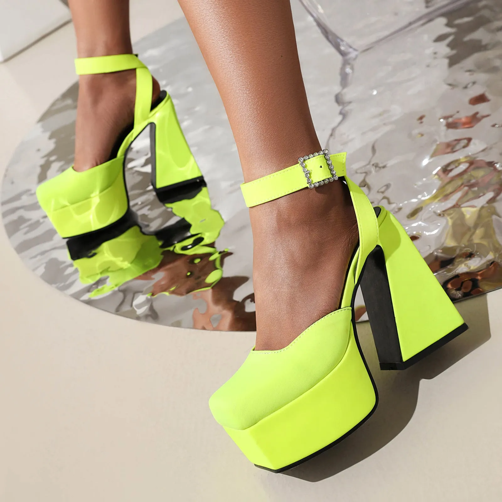 Women's Peep Toe Matte Buckle Thick High Heel Sandals