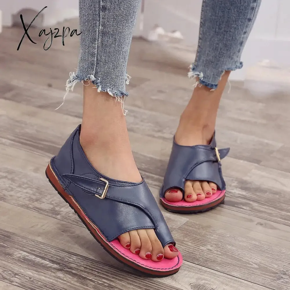 Xajzpa - New Summer Women PU Leather Sandals Fashion Peep Toe Buckle Design Roman Sandals Women Flat Shoes Beach Sandals Large size 35-43